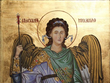 Sv.Arhangel Mihailo (akvarel i akril sa pozlatom na gipsanoj i MDF podlozi,29×22,5cm) 2015.god.