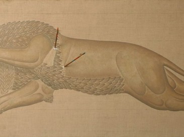 Ranjeni Lav (akril,platno,ulje,pesak,strele,konopac,lepak, 200x100cm) 1984.god.
