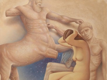 Bitka sa Kentaurom (platno,akril,glina,lepak, 90x90cm) 1999.god.
