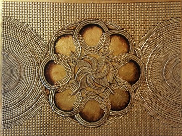 Vector gold mandala (metal, rivets, gold plate, oil on  masonite, 140x180cm)