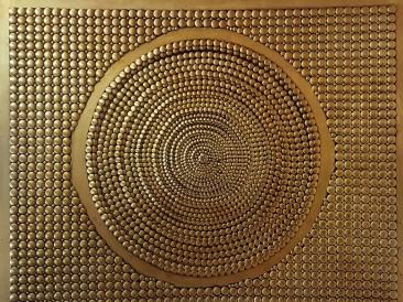 Khyil – khor – The center of the universe (metal , rivets, gold plate, oil on masonite, 140x180cm)