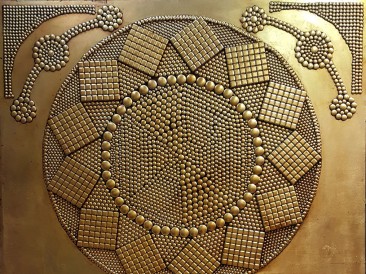 Vintage vector pattern (metal, rivets, gold plate, oil on masonite, 140x180cm)