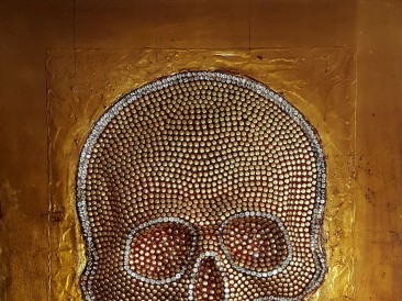 Skull (metal, crystals, rivets,  oil on masonite, 80x100cm)