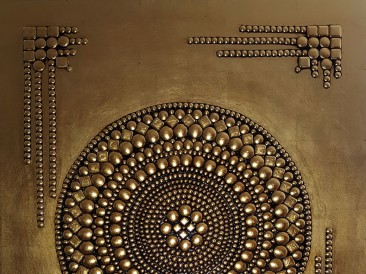 Weapon Prayer (metal, rivets, gold plate, oil on masonite, 80x100cm)