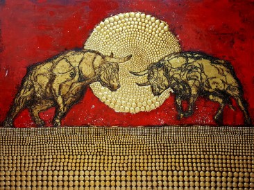 Bullfight  (email, metal, rivets, gold plate, oil on  masonite, 140x180cm)