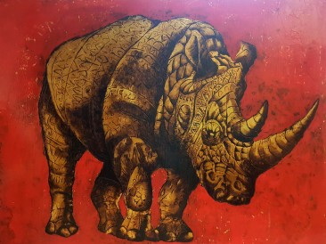 Rhino (email, gold plate, oil on masonite, 140x180cm)