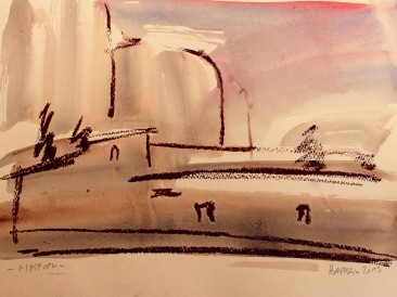 Iz ciklusa ”Zapisi sa Meteora” no.33 (komb. tehnika, 25×35,5cm) 2013. god.