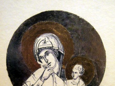 Sveta majka (olovka, srebrni i zlatni listići na papiru, 50x30cm)